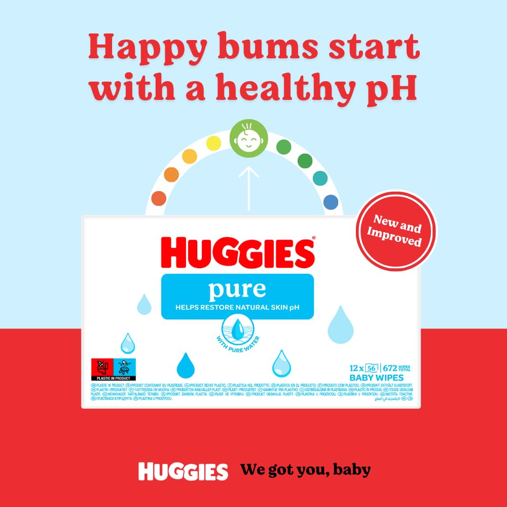 Huggies Pure Plastic Free Baby Wipes - Pack of 12 (576 Wipes) – 99% Water Wet Wipes, Fragrance Free, Hypoallergenic, Better Cleaning, Soft and Gentle on Babies' Delicate Skin