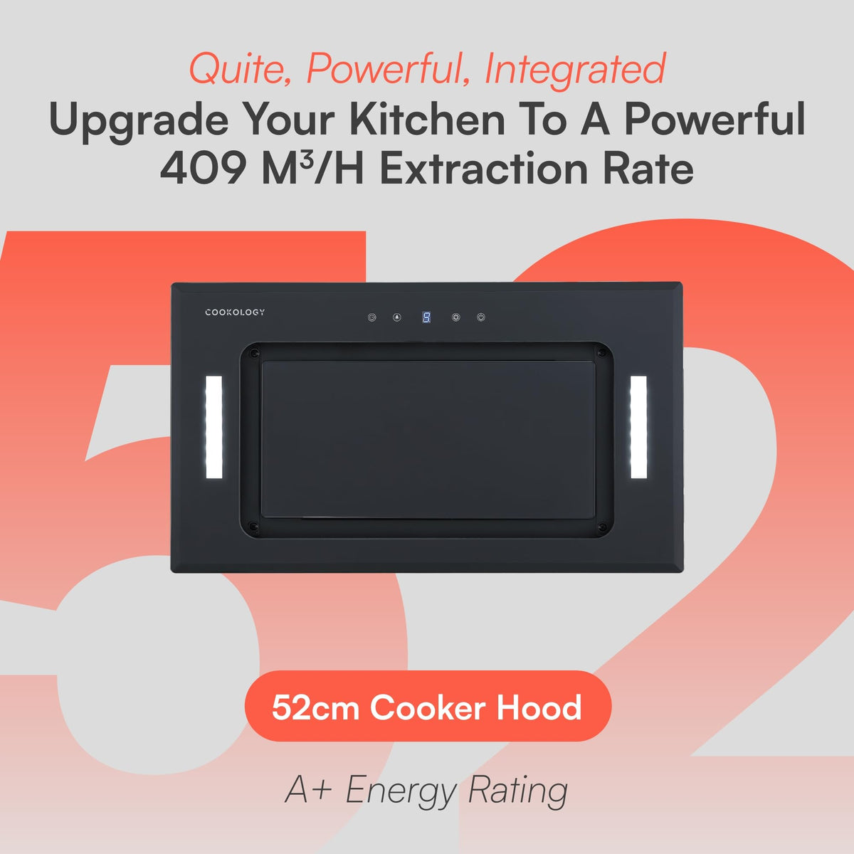 Cookology BUGL750BK Integrated Extractor Fan Cooker Hood in Black - 75cm Width - Built-in Cupboard Glass Canopy - Touch Controls - 2 LED Lights - Switch-off Timer - 3 Speed Settings - A+ Rated