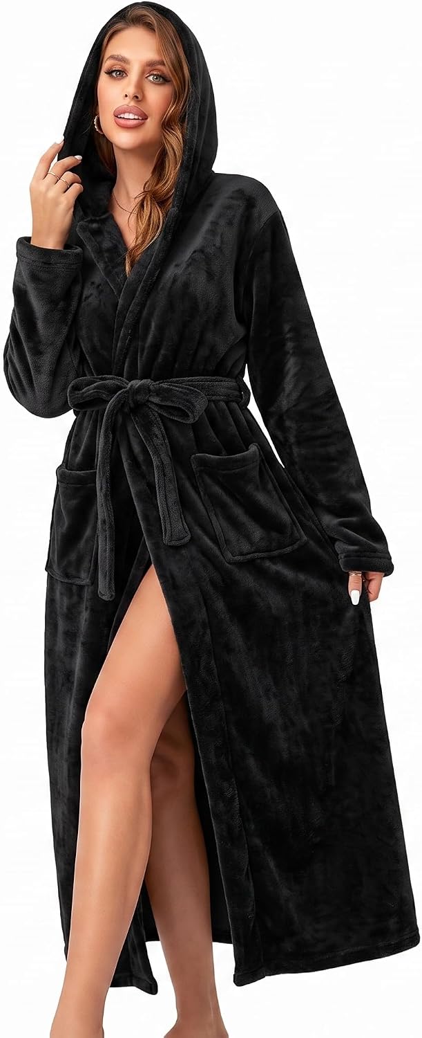 RONGTAI Womens Dressing Gown Fleece Plush Warm Long Hooded Robes