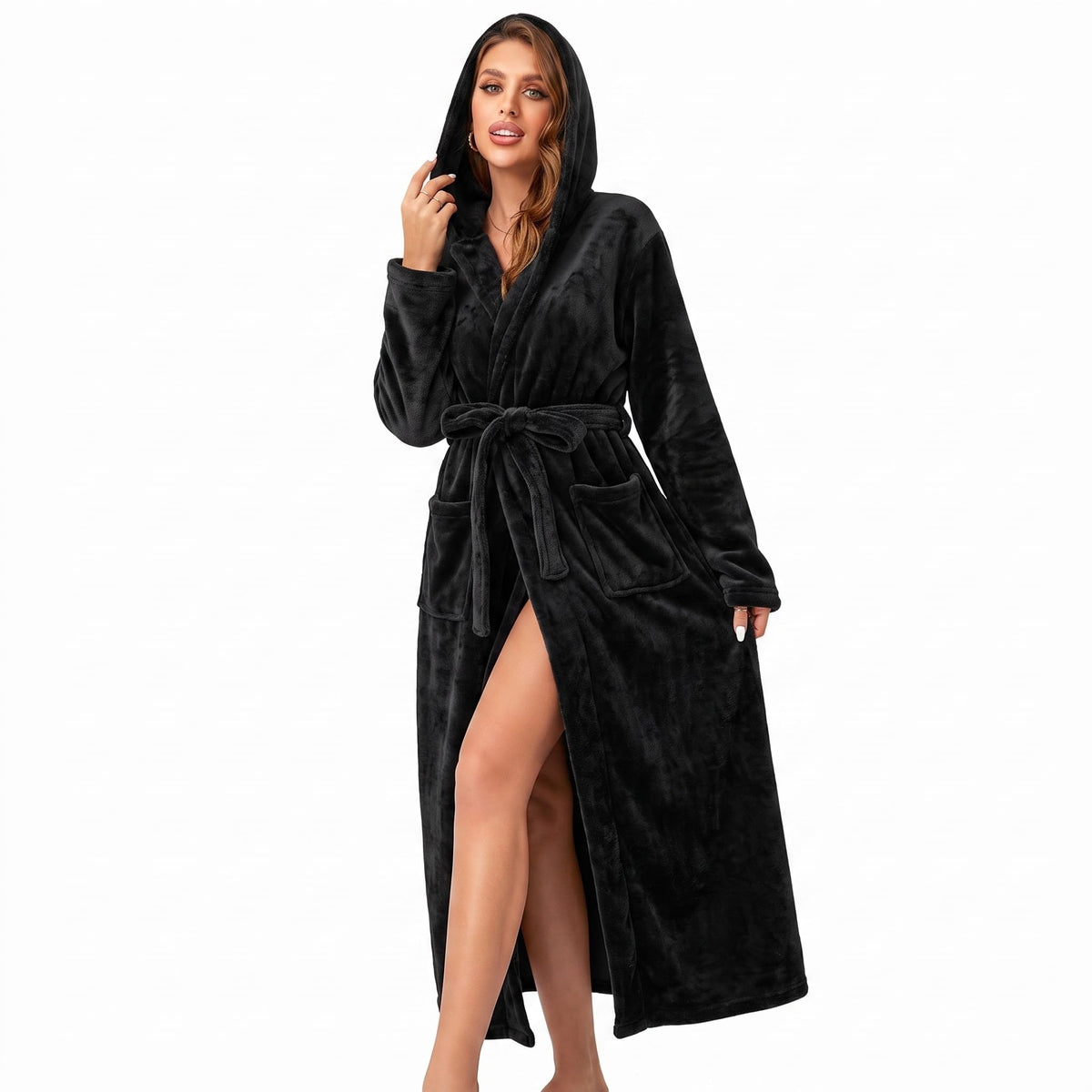 RONGTAI Womens Dressing Gown Fleece Plush Warm Long Hooded Robes