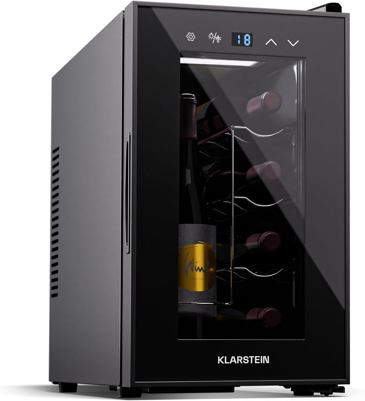 KLARSTEIN Shiraz Wine Cooler Black – 8 Bottles, 1 Zone | Freestanding Wine Fridge with Glass Door, Quiet, 5–18 °C, LED, Stainless Steel Frame