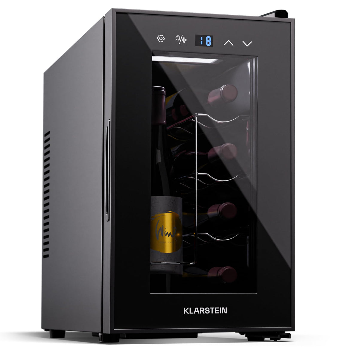 KLARSTEIN Shiraz Wine Cooler Black – 8 Bottles, 1 Zone | Freestanding Wine Fridge with Glass Door, Quiet, 5–18 °C, LED, Stainless Steel Frame