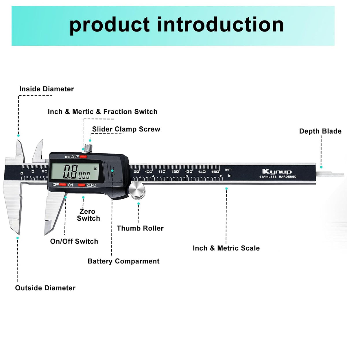 Kynup Digital Caliper 150mm, 6 inch Digital Vernier Caliper with LCD Screen