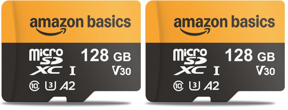 Amazon Basics microSDXC Memory Card with Full Size Adapter, A2, U3, Read Speed up to 100 MB/s, 128GB, Black