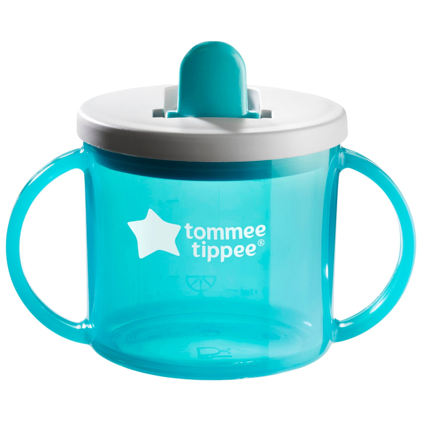 Tommee Tippee First Cup, 190ml, Non-Spill Sippy Cup for Babies 4 Months+, with Free-Flow Flip-Down Spout and Easy to Hold Handles, Orange, Blue and Green, 3 Pack