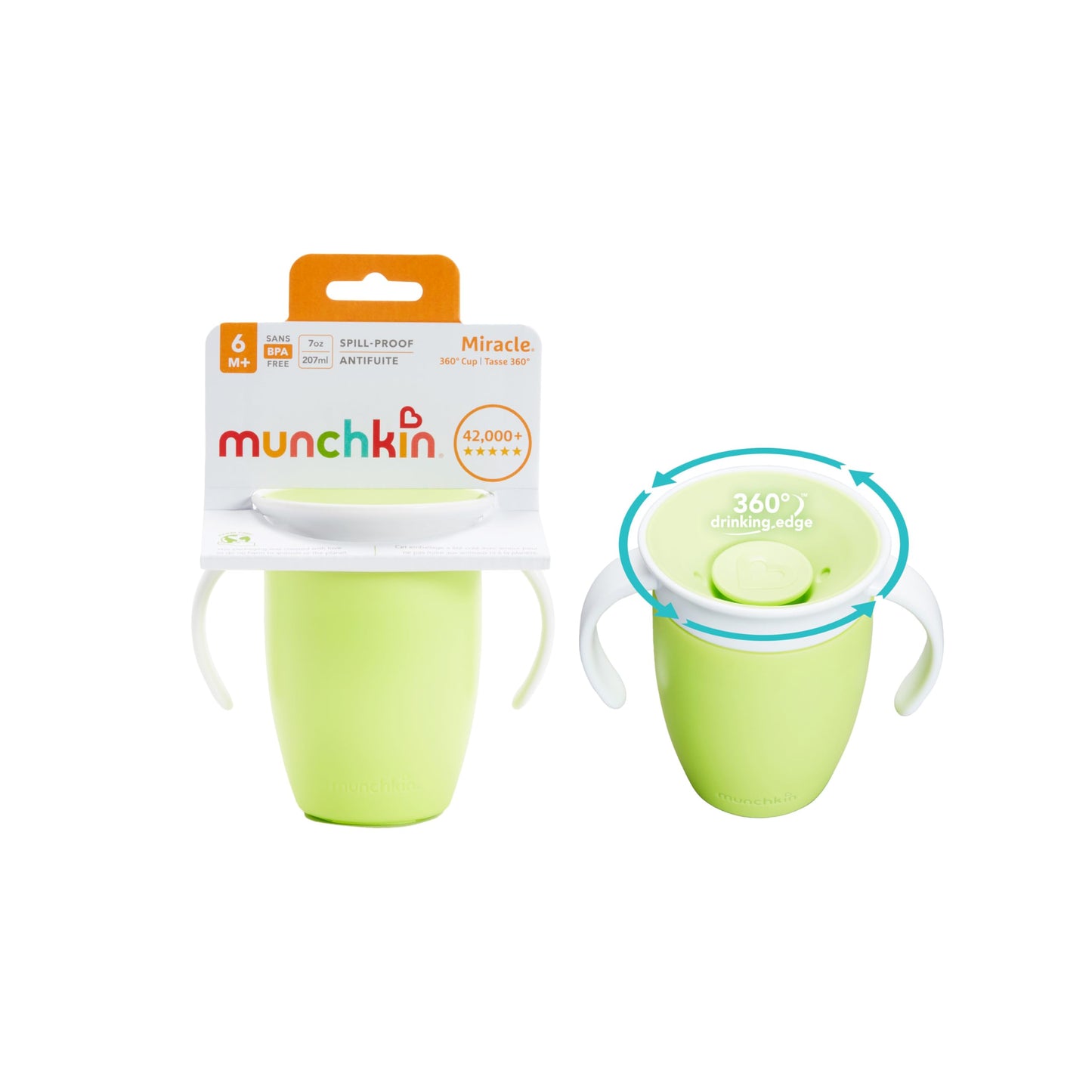 Munchkin Miracle 360 Sippy Cup | Trainer Toddler BPA Free Baby & Toddler Cups w.Handles | Non Spill | Dishwasher Safe Baby | Leakproof | 6+ Months| 7oz/207ml | 2 Pack | Blue/Green