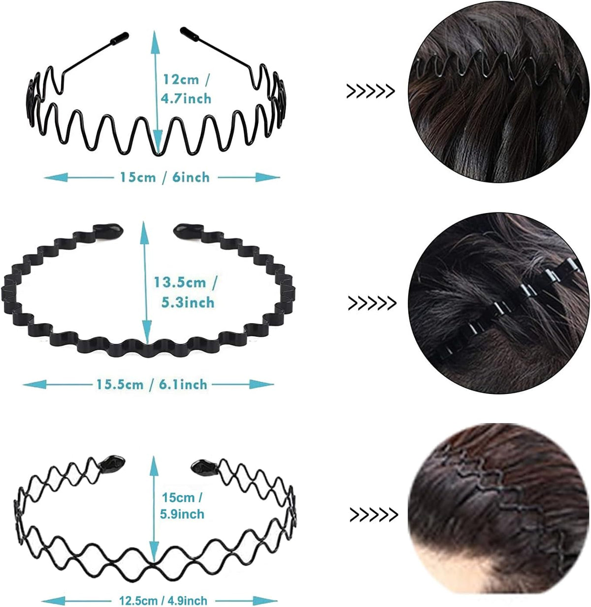 3PCS Metal Hair Bands for Men Non-Slip Black