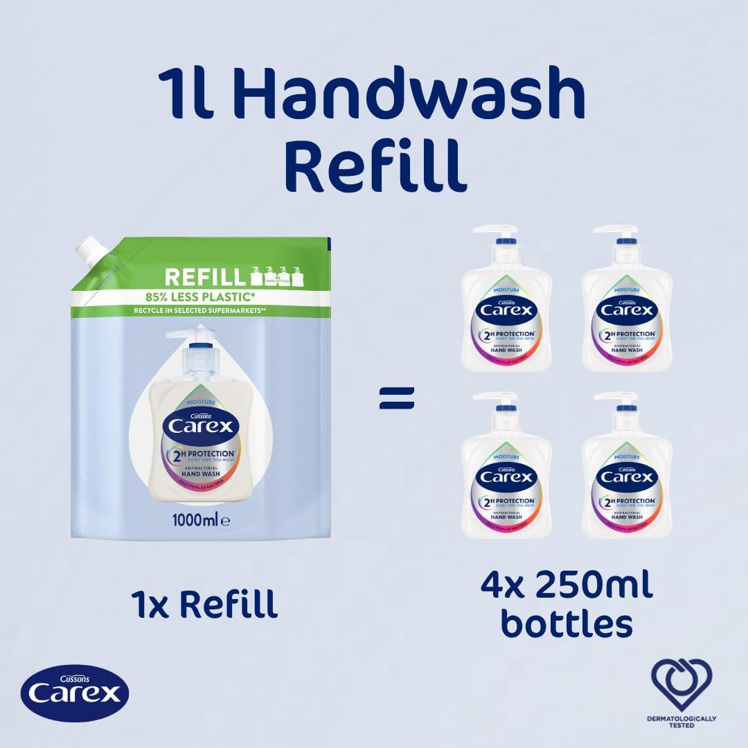 Carex 2 Hour Protection Antibacterial Moisture Hand Wash Refills, Liquid Hand Soap Eco Refill for Homes & Businesses, Caring Hand Wash, Bulk Buy, Pack of 3 x 1 litre