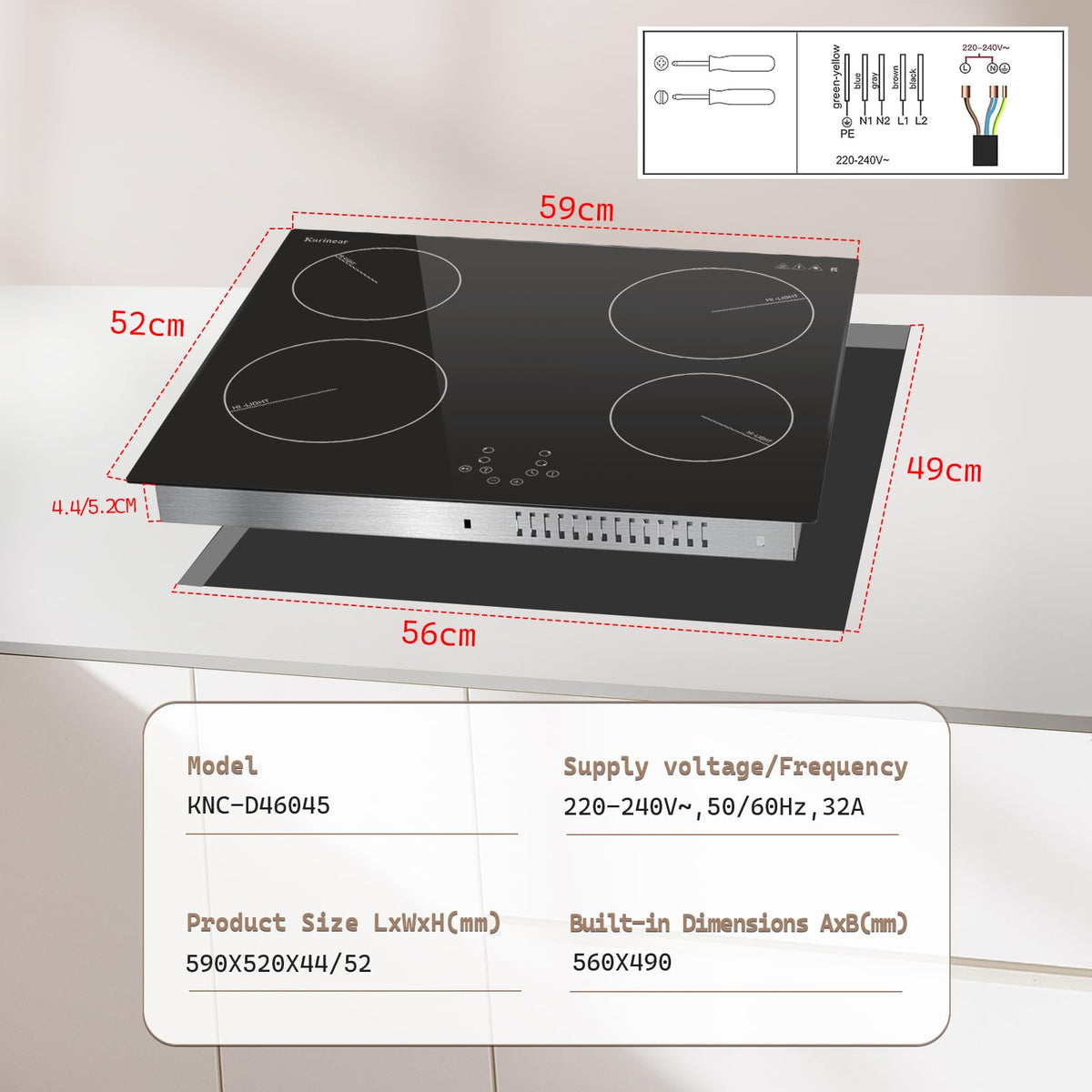 Karinear Electric Ceramic Hob 60cm 4 Zones with Built-in Extractor Hood