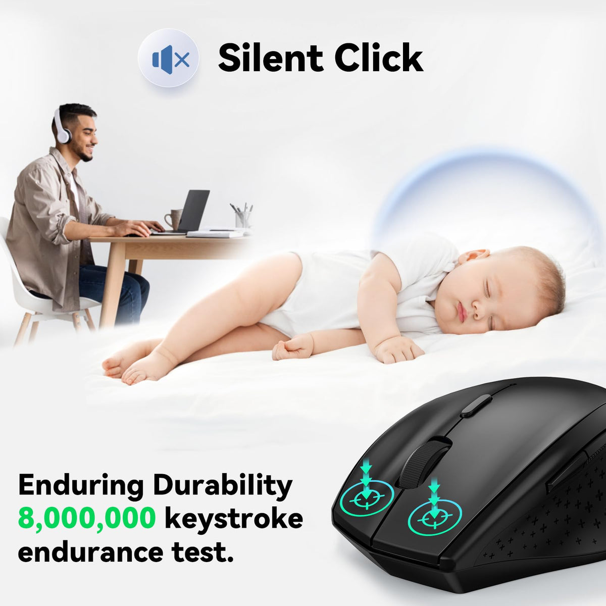 TECKNET Wireless Mouse for Laptop, 4800 DPI Optical Computer Mice with 6 Adjustable Levels, 30 Months Long Battery Life 2.4G Cordless USB Silent Mouse for Notebook, PC, Office Home Work -Grey