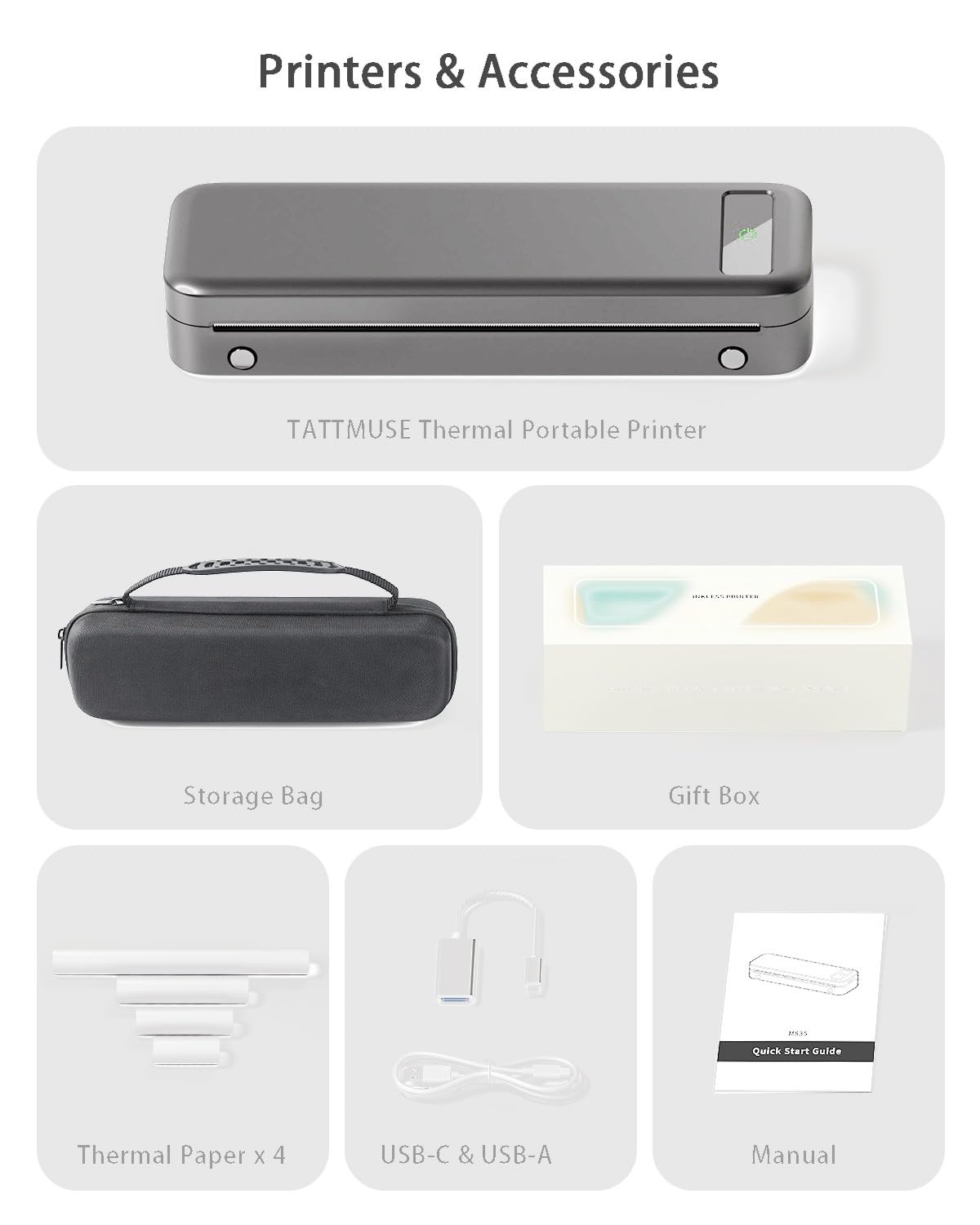 Portable Thermal Printer A4 Inkless Wireless Bluetooth Small Mobile - Black