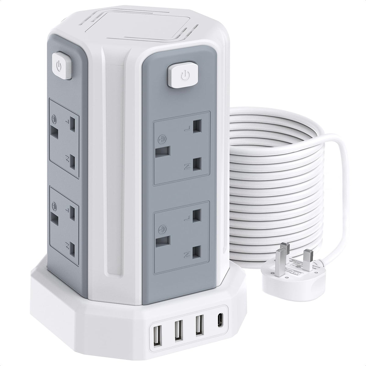 Tower Extension Lead 3M, 8 AC Outlets and 4 USB Ports Extension Tower
