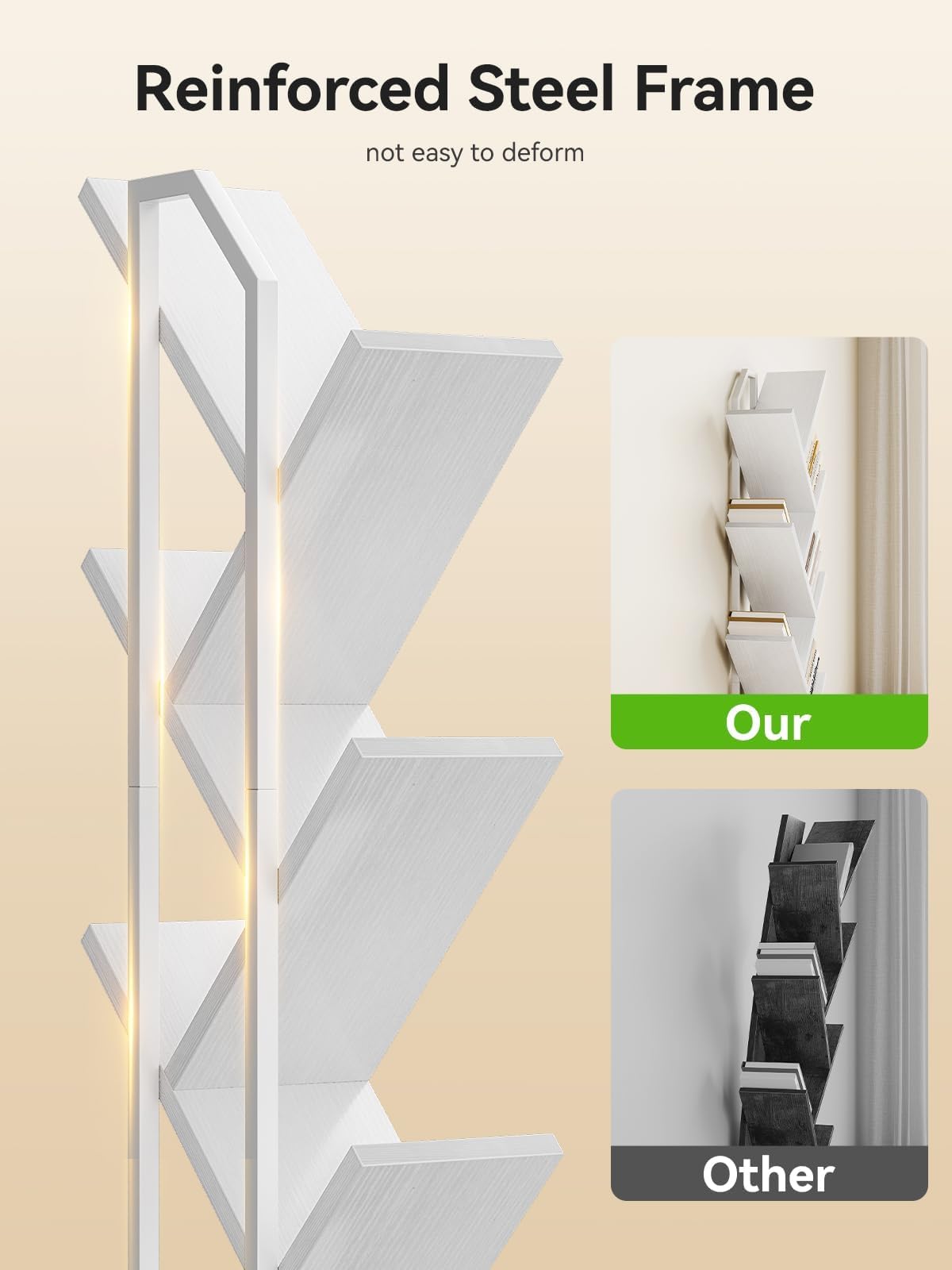 Coleshome Tree Bookshelf, 6-Tier Floor Standing Bookcase, Bookcases suitable for bedrooms and living rooms, Wooden bookshelves suitable for bedrooms and living rooms, White