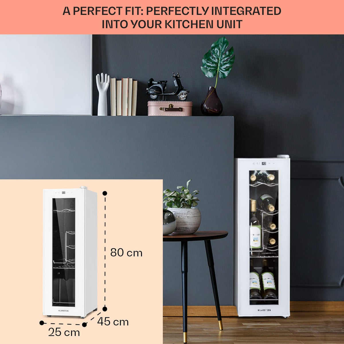 KLARSTEIN Shiraz Wine Cooler Black – 8 Bottles, 1 Zone | Freestanding Wine Fridge with Glass Door, Quiet, 5–18 °C, LED, Stainless Steel Frame