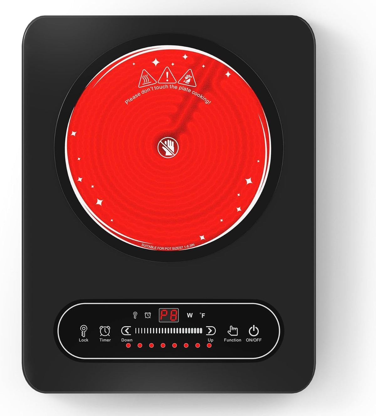 VBGK Portable Ceramic Hob, 2000W Portable Electric Hob, Electric Ceramic Hob, Single Cooking Zone with LED Display, 4-Hours Timer, Safety Lock, Residual Heat Indicator