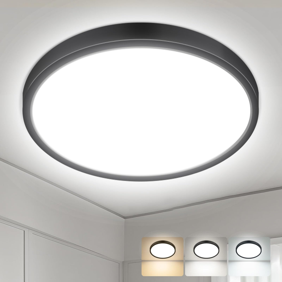 hepside Bathroom Light, 3000K/4000K/6500K 3 Color Temperature LED Ceiling Light, 15W 1500LM, Waterproof, Round, Small, Modern, Flush Ceiling Light for Bathroom, Kitchen, Bedroom, Black