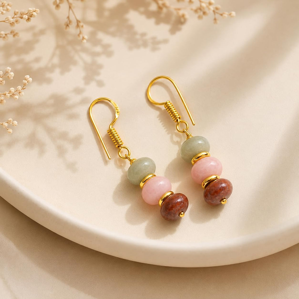 Gempires Natural Gemstone Rondelle Bead Earrings for Women | 8mm Beaded Drop Dangle Earrings | Gold Plated Hypoallergenic Hook Jewelry | Handmade Lightweight Crystal Earrings