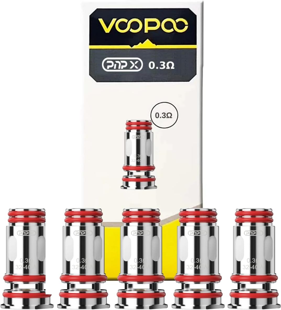 VOOPOO PNP X Coils 5 Pack - 0.15 ohm, 0.2 ohm, 0.3 ohm, 0.6 ohm for DTL/RDL/MTL Vaping, Mesh Coils, Leak Proof Design, No Liquid, No Nicotine (0.3 ohm (32-40W))