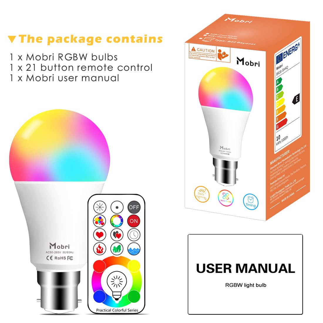 Mobri B22 LED Colour Changing Light Bulbs with Remote Control, 75 Watt Equivalent Bayonet Dimmable Colour Bulbs with Timing, Memory & Sync, 120 Multi RGB Colours + Daylight White,2 Pack