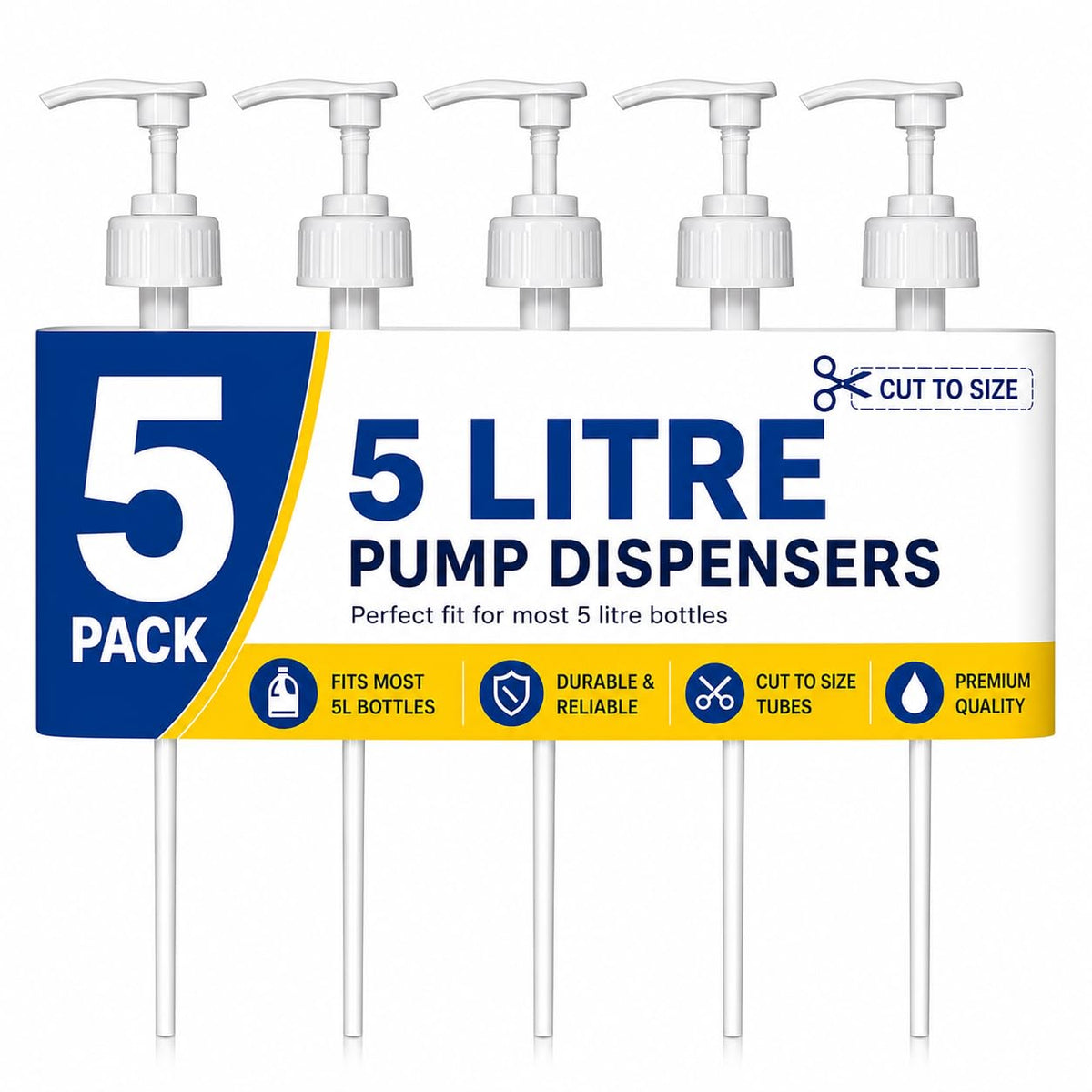 5 Litre Pump Dispenser for 5 Litre Container - 38mm Screw Top with 23cm Tube, 4ml Dose Push Down Pelican Pump for Shampoo, Soap, Syrup & Cleaning Liquids, Accurate & Durable Dispenser (3 PACK)