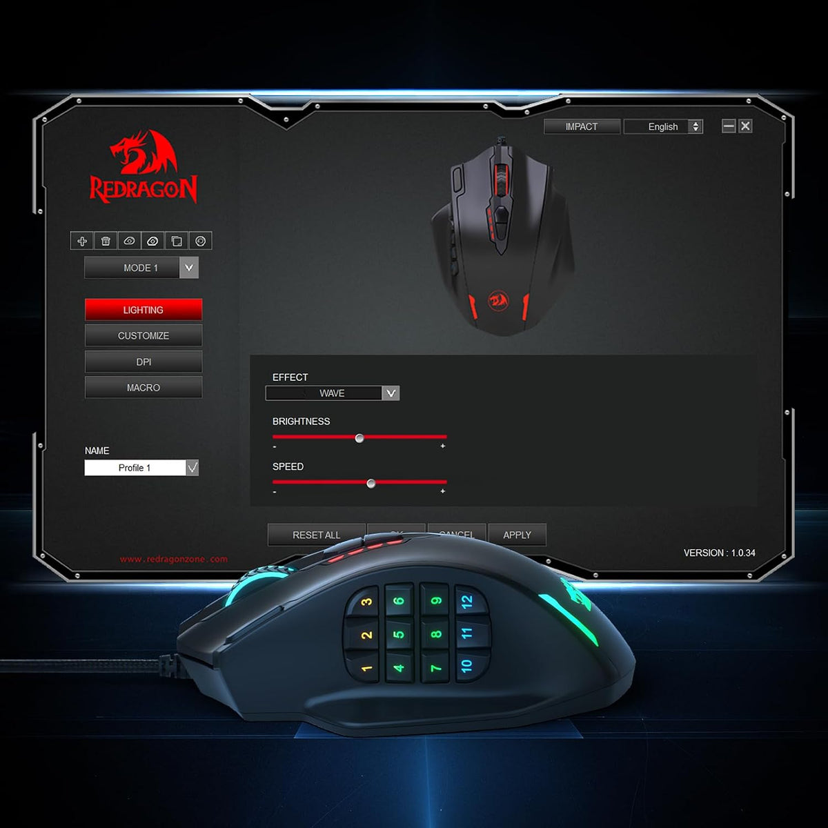 Redragon M908 Impact RGB LED MMO Gaming Mouse With 12 Side Buttons, Optical Wired Ergonomic Mouse with Max 12,400DPI, High Precision, 18 Programmable Macro Shortcuts, Comfort Grip
