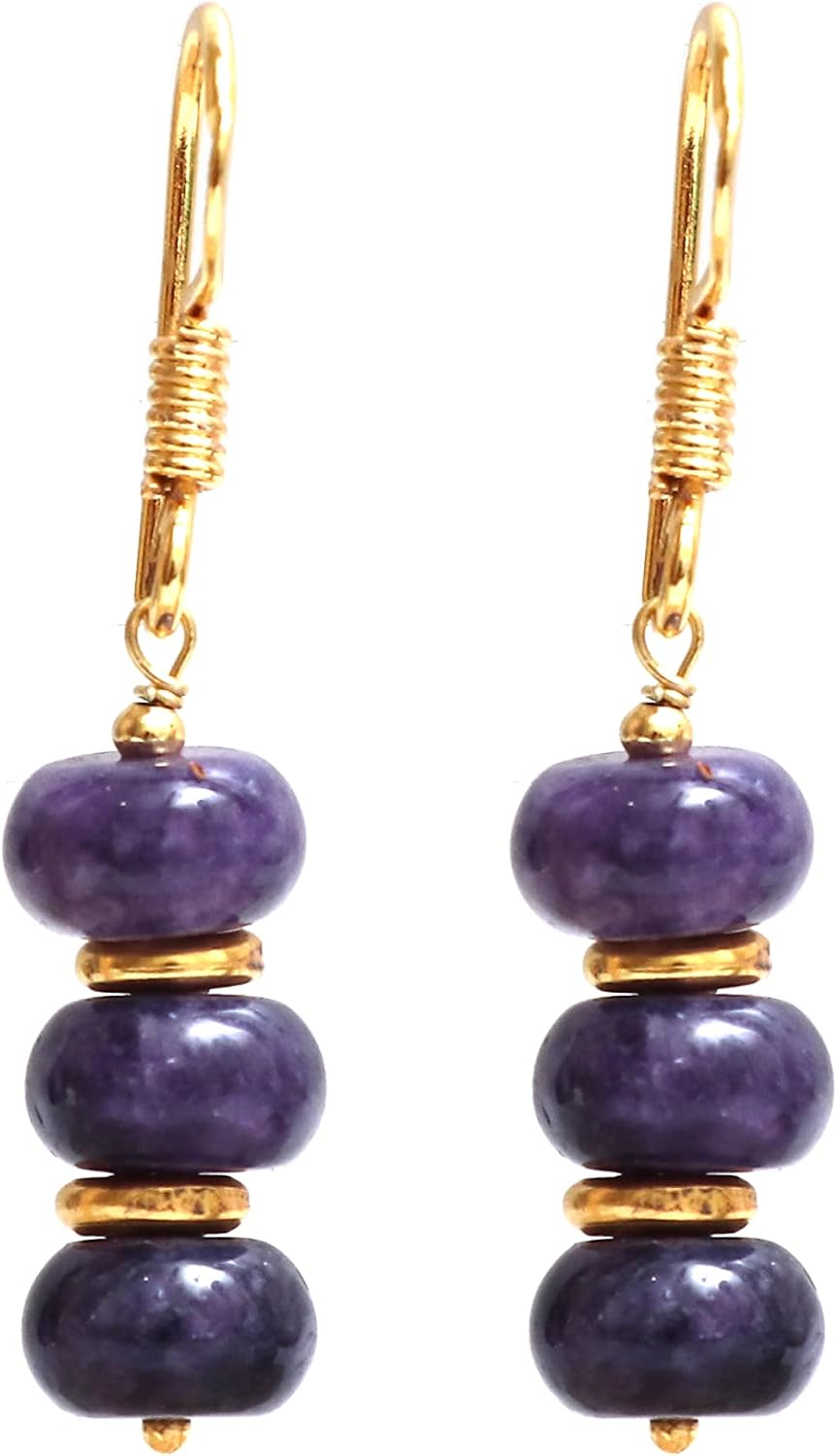 Gempires Natural Gemstone Rondelle Bead Earrings for Women | 8mm Beaded Drop Dangle Earrings | Gold Plated Hypoallergenic Hook Jewelry | Handmade Lightweight Crystal Earrings