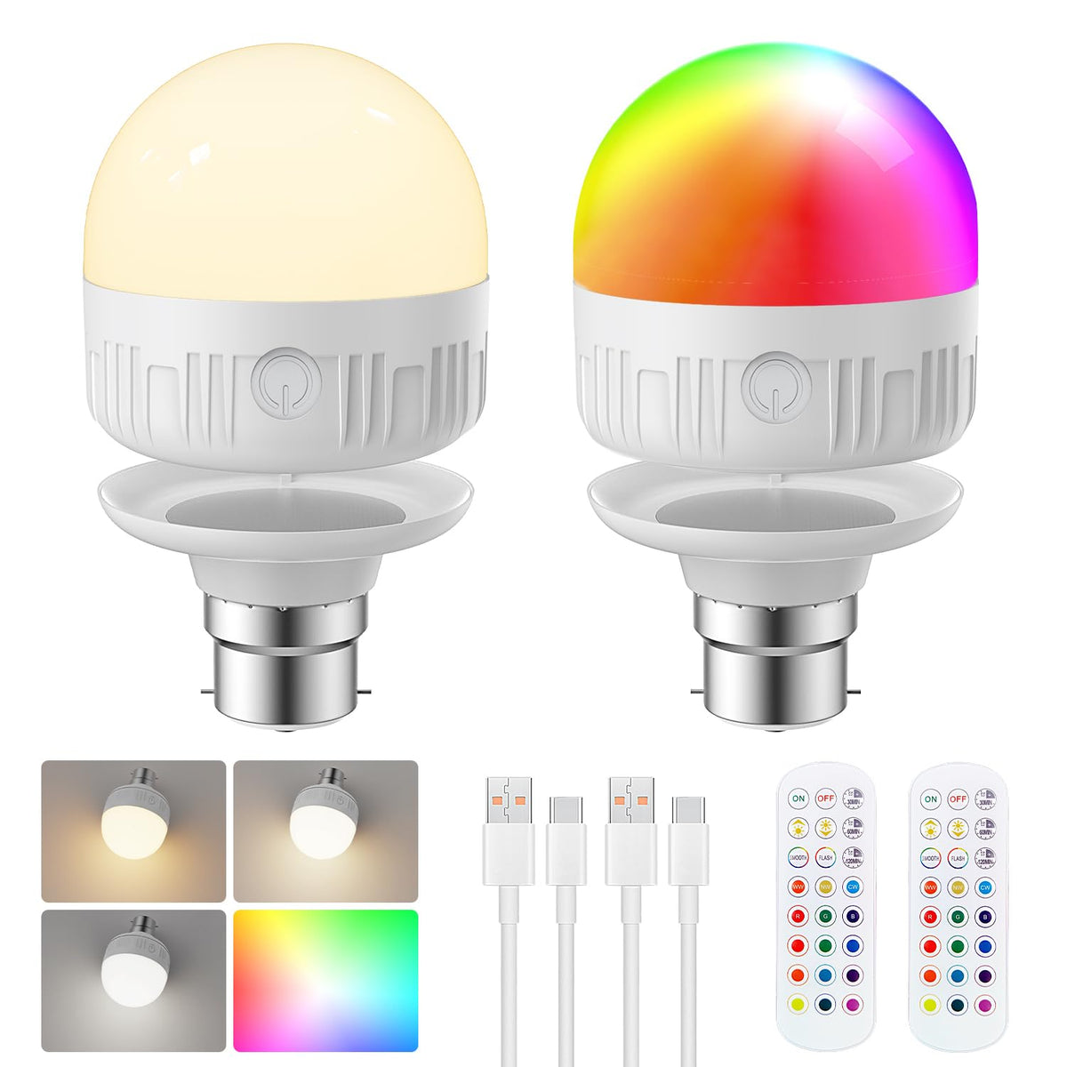 LGMCF E14 Rechargeable Light Bulb, 8W, 3 Colors, Timer, Dimmable, 2 Pack