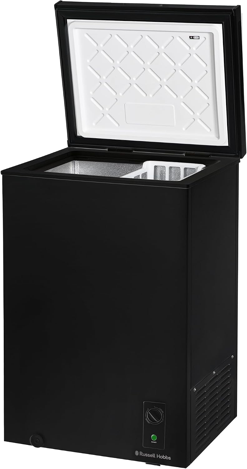 Russell Hobbs White Chest Freezer 143L Freestanding, Adjustable Thermostat, Chill or Freeze Function, 4 Star Freezer Rating & Suitable for Outbuildings & Garages RH142CF0E1W