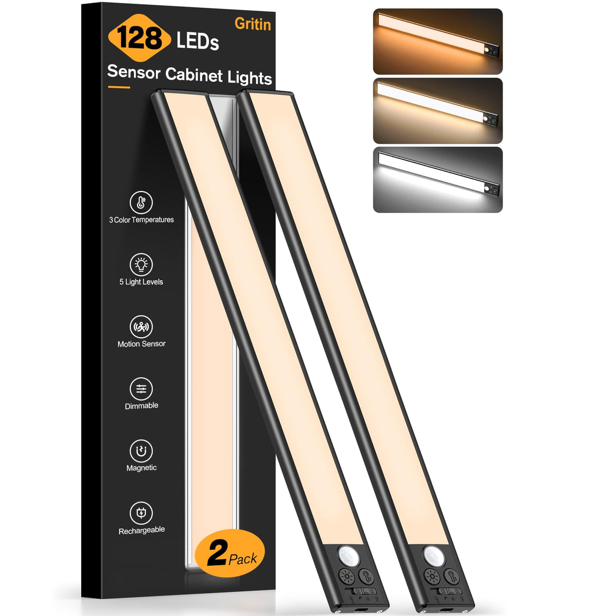 Gritin Under Cabinet Kitchen Lights Rechargeable 2 Pack-3 Color Temps