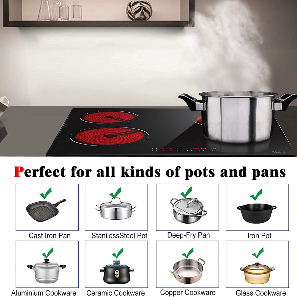 Hobsir Ceramic Hob with Knobs, Built-in Electric Cooker Hob 4 Burners 60 cm