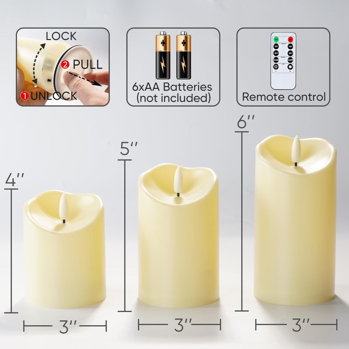 Homemory Outdoor Waterproof Flameless Candles, Dark Ivory, Set of 2, D 3"