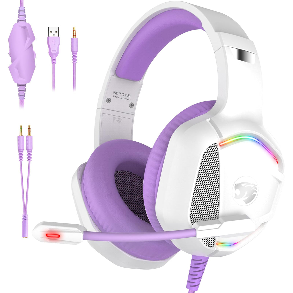 IMYB Gaming Headset with Microphone for Pc, Xbox One Series X/s, Ps4, Ps5, Stereo Wired Noise Cancelling Over-Ear Headphones with Mic, RGB, for Computer, Laptop, Mac, Gamer (White)