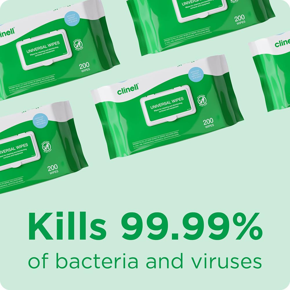 Clinell Universal Cleaning and Disinfectant Wipes - Pack of 6, 1200 Wipes - Multi Surface, Kills 99.99% of Germs, Quick Action, Green, Pleasant Fragrance