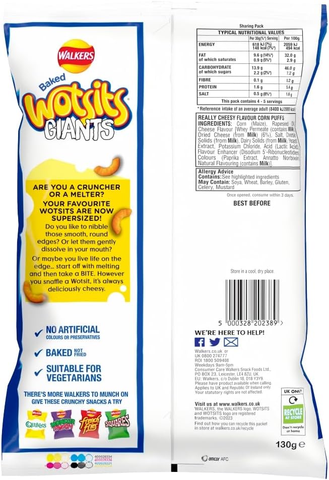 Walkers Wotsits Giants Really Cheesy Vegetarian Baked Snacks 130 g