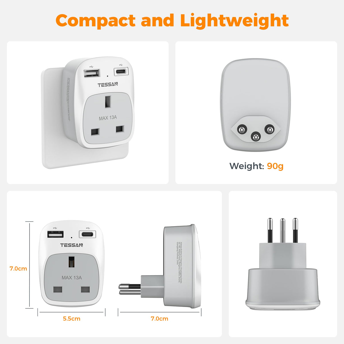 TESSAN UK to South Africa Plug Adapter, Type M Travel Adaptor with USB C