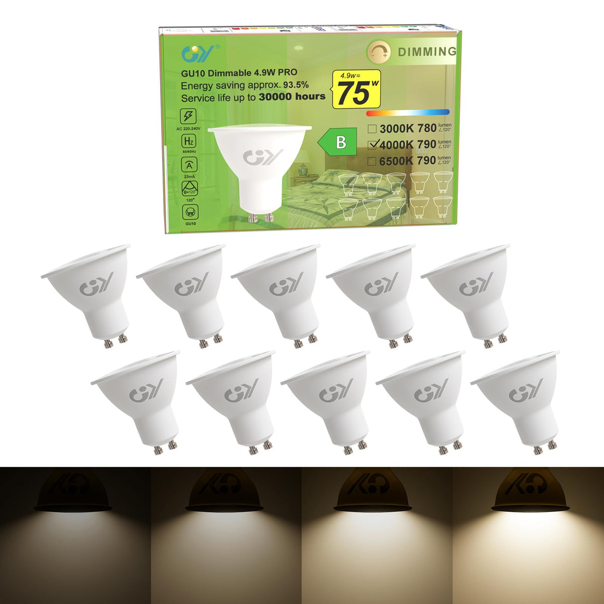 GY GU10 LED Bulb 4.9W 790lm Cool White 6500K Energy Saving LED Bulb, The New UK Energy Efficiency Class B Replaces 80W, 110°Beam Angle Non-Dimmable, 10 Pack