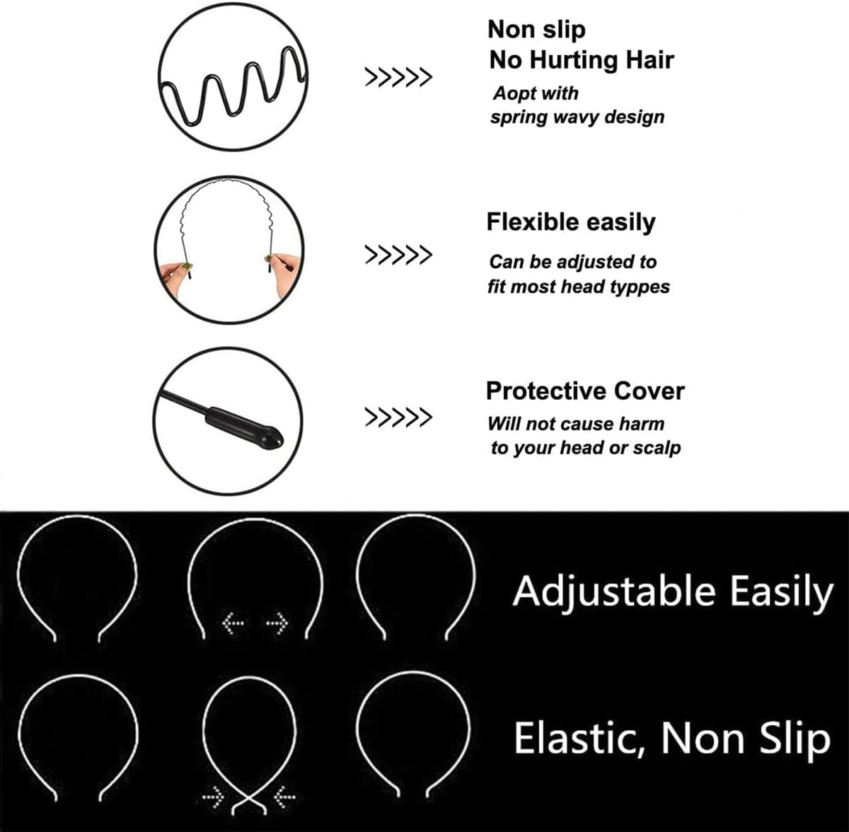 3PCS Metal Hair Bands for Men Non-Slip Black
