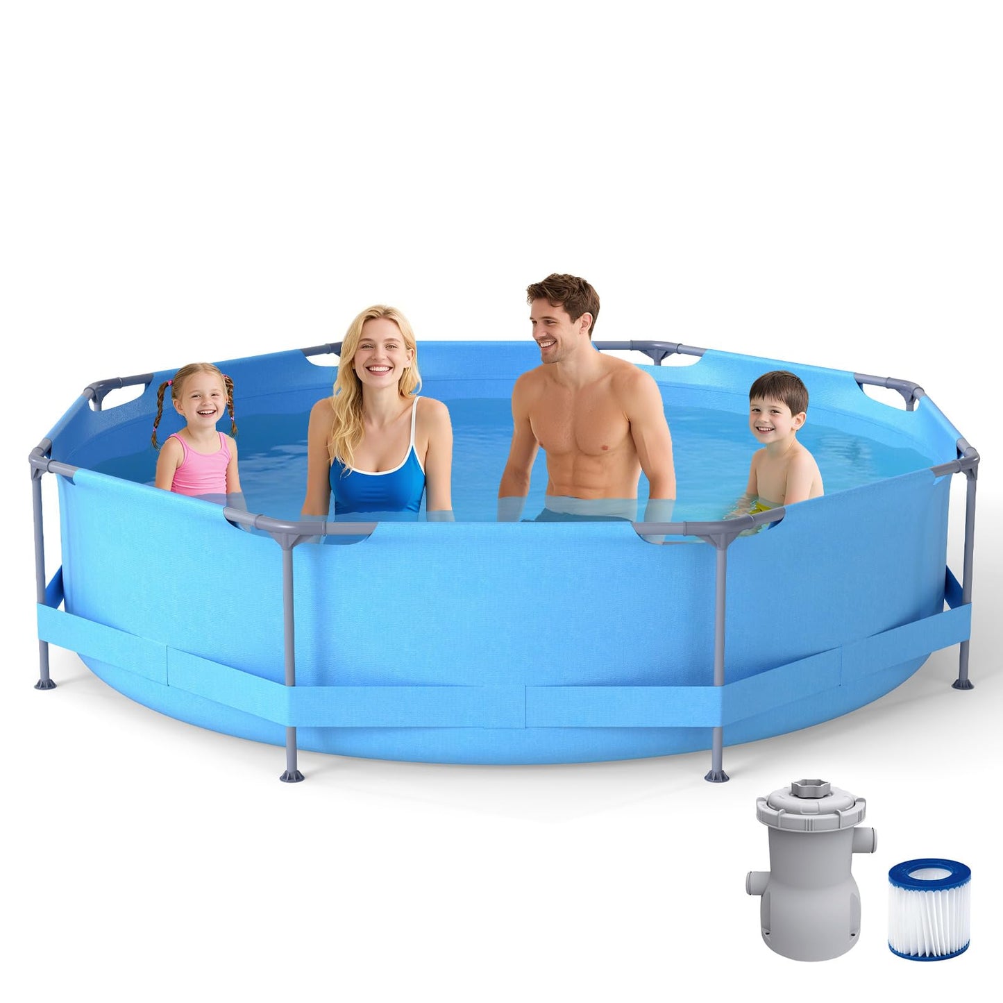 COSTWAY Above Ground Swimming Pool, Outdoor Round/Rectangular Large Framed Pool Set, Metal Frame Garden Family Pools for Kids and Adults (Gray, 300 x 207 x 66 cm, Rectangular)