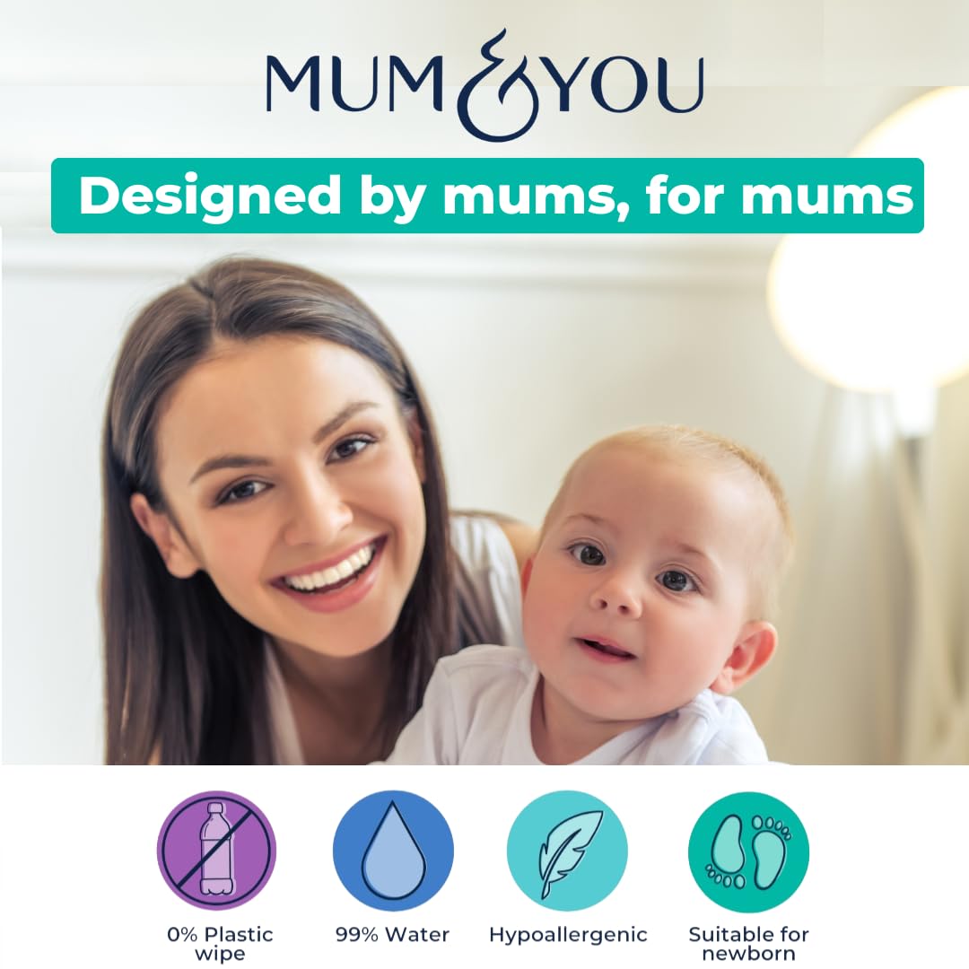 Mum & You Baby Wipes - Biodegradable Wet Wipes | 99.4% Water | Ideal for Sensitive Newborn Skin | 336 Newborn Wipes Bulk, Bum Wipes, Wet Tissue, Plastic free Wet wipes, (56 wipes x 6 packs)