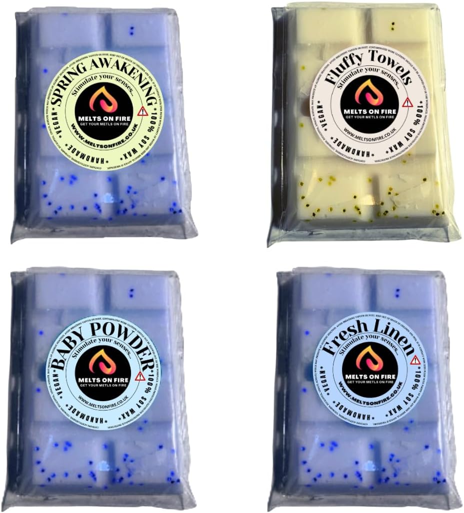 Wax Melts Scented Handmade Snap Bars, 4 Pack Baby Powder, Fresh Linen, Fluffy Towels, Spring Awakening Scented Soy Wax Melts Vegan Aromatherapy (Fresh)