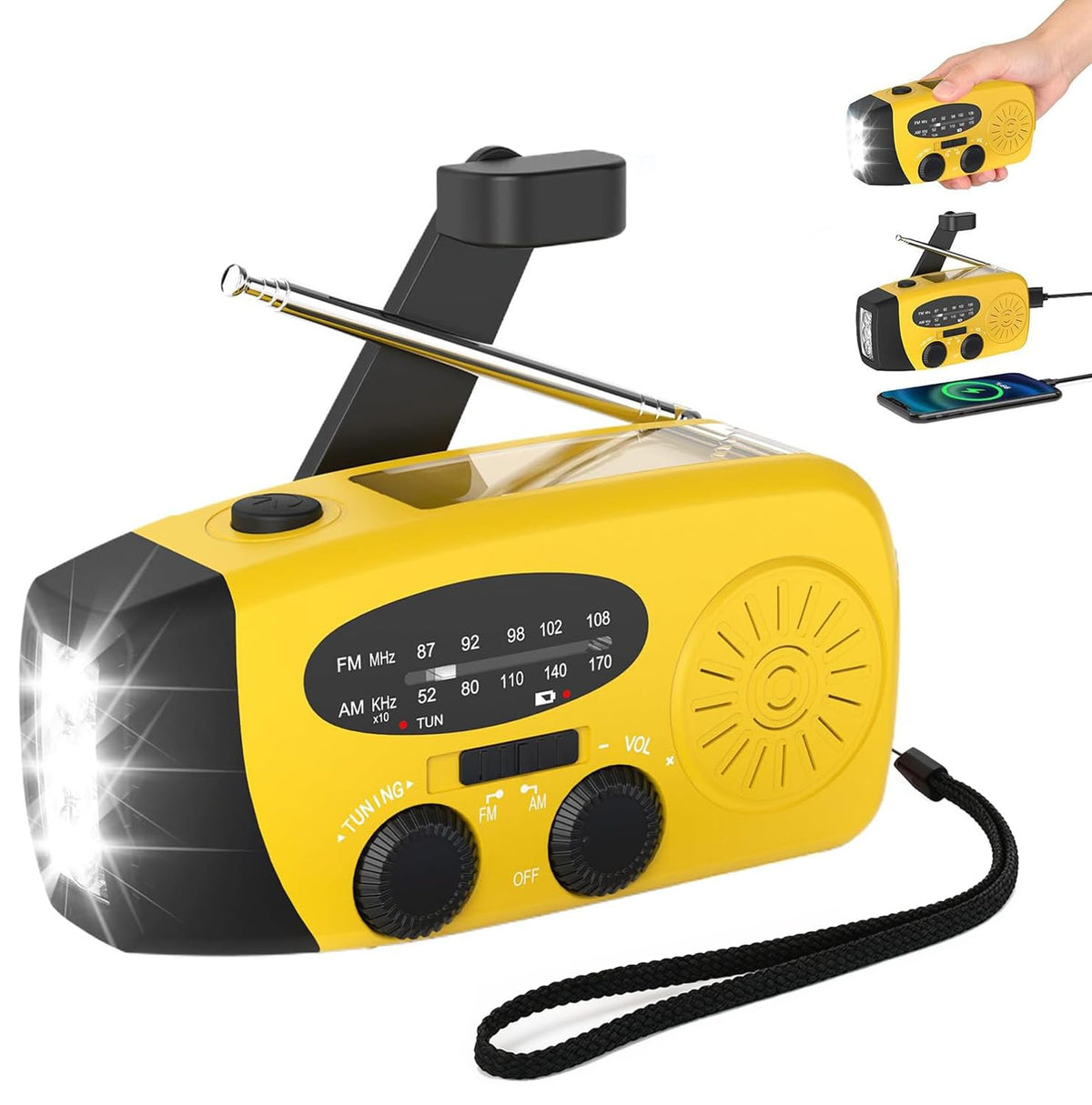 2000mAh Wind Up Solar Hand Crank Emergency Radio | AM/FM Weather Band Radio with LED Torch, SOS Alert & USB Phone Charger for Outdoor Camping Hiking (Black)