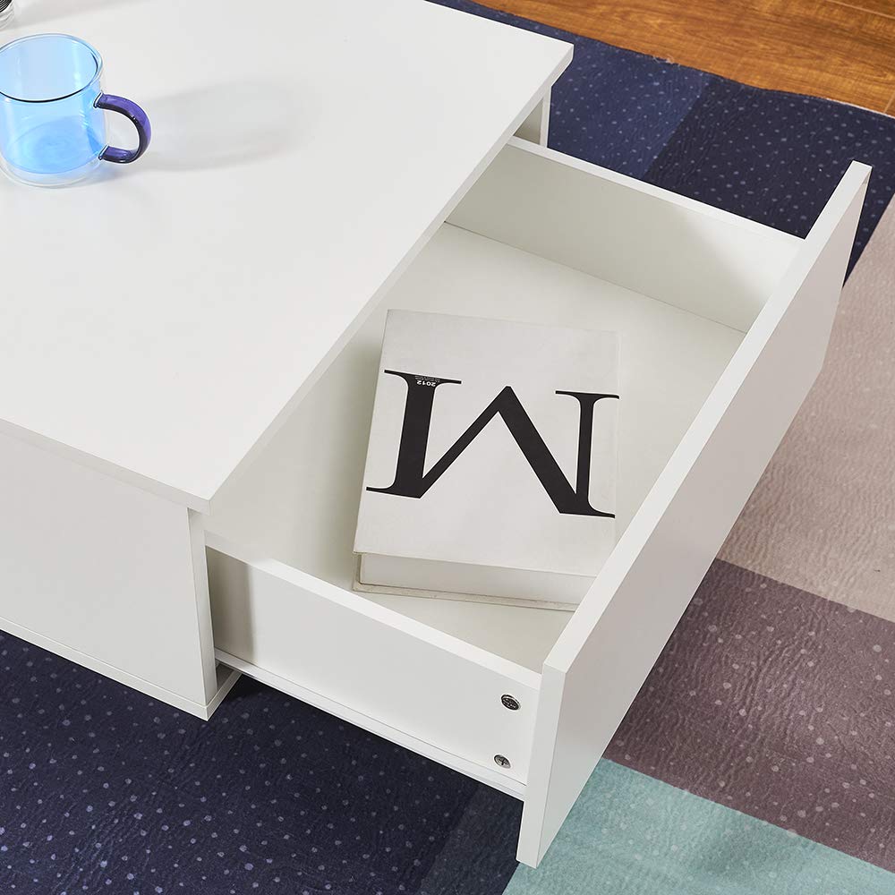 Panana Wooden Coffee Table with Storage Drawer and Shelf Wood Sofa Side End Table with LED Lighting Home Office Living Room Furniture (White)
