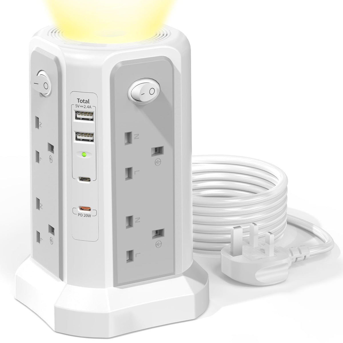 HAFINO Tower Extension Lead 3M with USB Slots and Night Light, 4 Switches