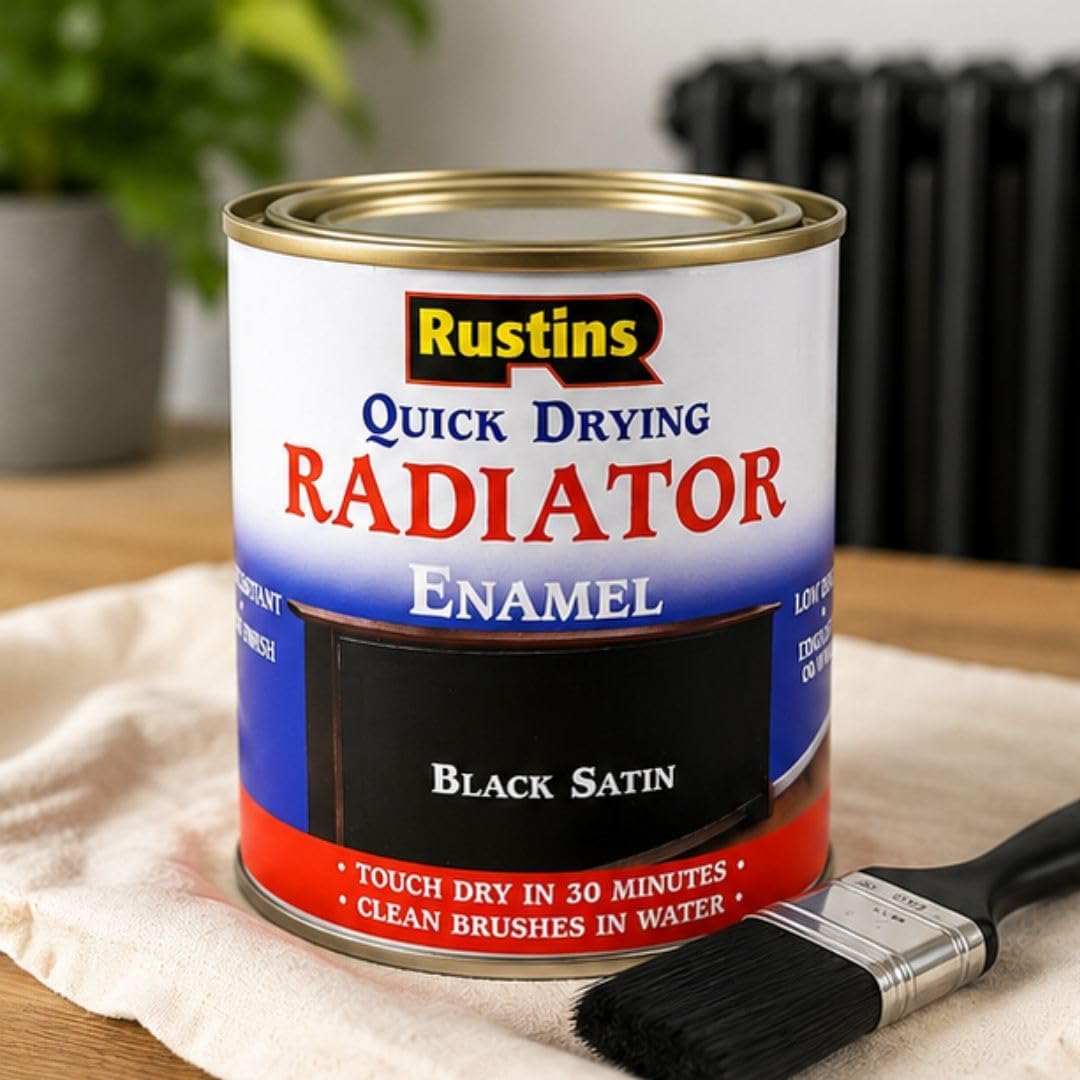 RUSTINS Quick Drying Radiator Enamel Satin - Black 500ml – Durable, Long-Lasting Finish for Radiators That Stands the Test of Time