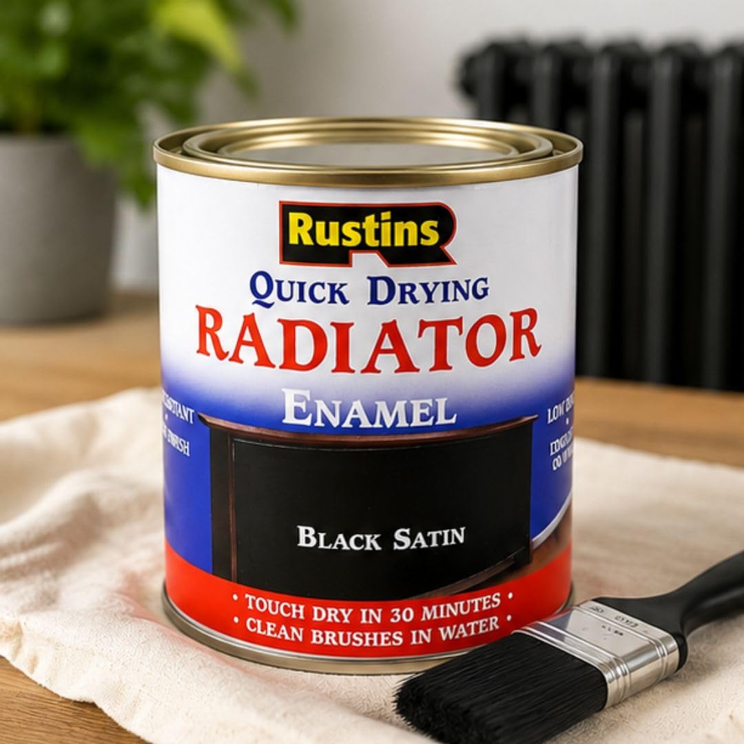 RUSTINS Quick Drying Radiator Enamel Satin - Black 500ml – Durable, Long-Lasting Finish for Radiators That Stands the Test of Time