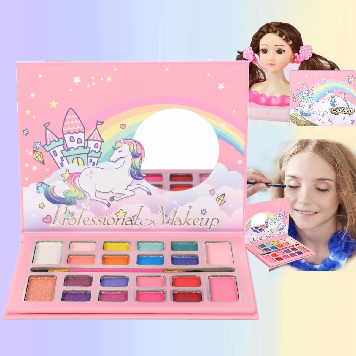 Girls Make-up Set, 20 Colours with brush, Children's eye shadow Blush Highlight, Kids Make-Up Palette children Make up Kit Safe & Washable, Best Girl Gifts
