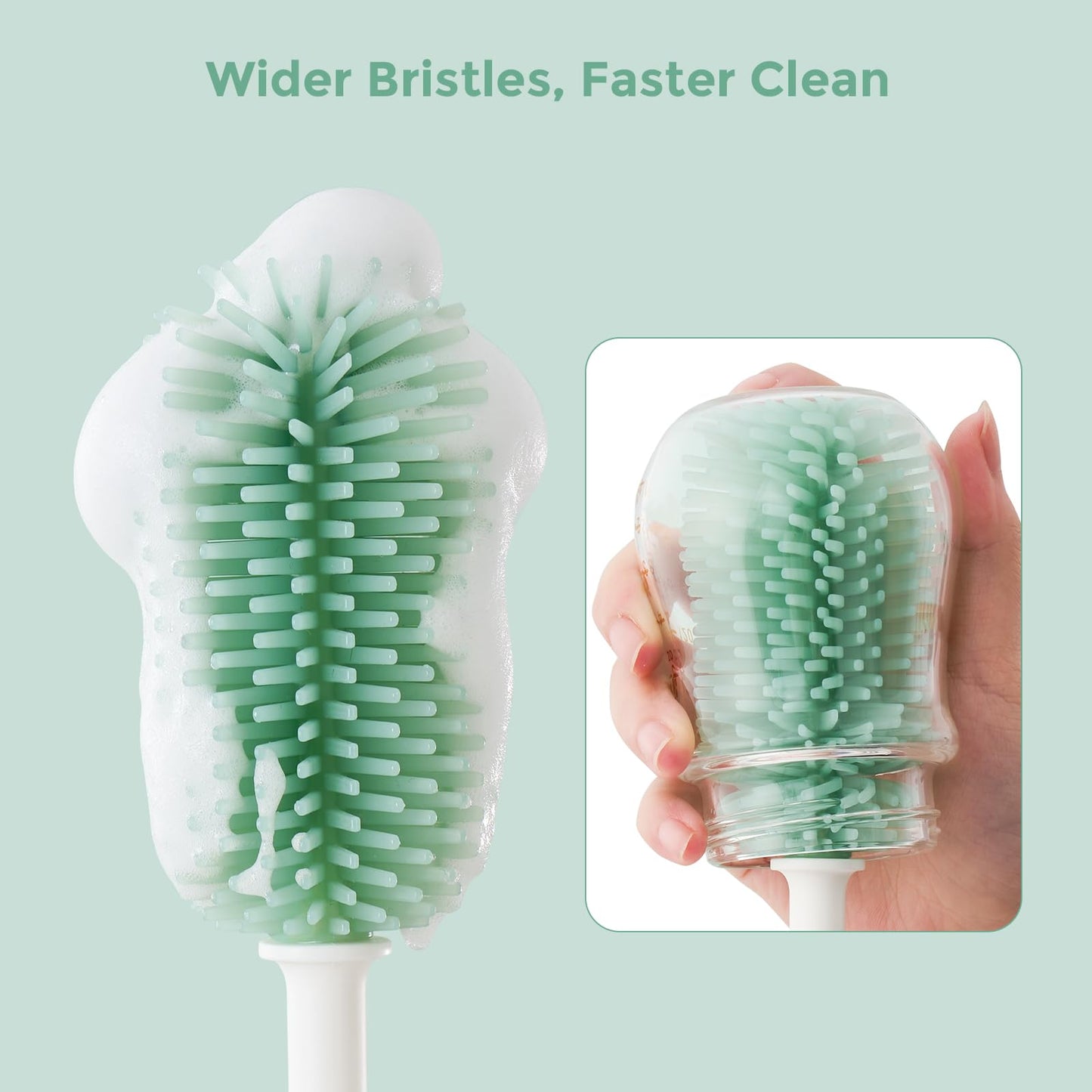 Momcozy Bottle Brush Set - Baby Bottle Cleaner Kit with Silicone Brush, Nipple Brush, Straw Brush, Soap Dispenser, Drying Rack - 7 in 1 Bottle Cleaning Tool for Home and Travel, Green