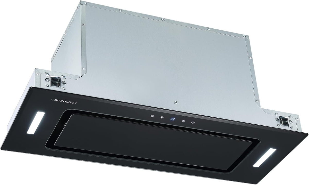 Cookology BUGL750BK Integrated Extractor Fan Cooker Hood in Black - 75cm Width - Built-in Cupboard Glass Canopy - Touch Controls - 2 LED Lights - Switch-off Timer - 3 Speed Settings - A+ Rated