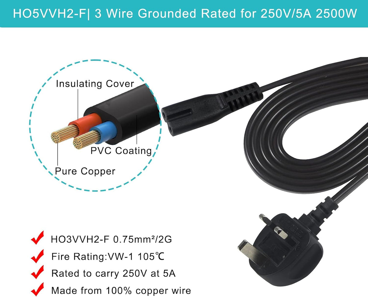 power 5M UK 3PIN Plug to IEC C7 Figure 8 Replacement Mains Cable Compatible with PS5, Xbox Series X, tv, Samsung, LG, Sony