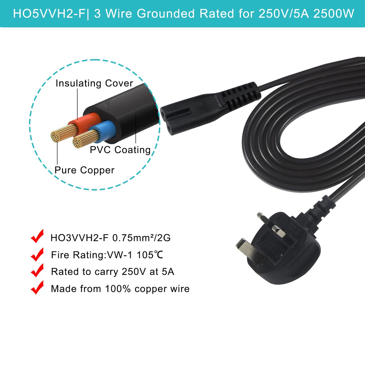 power 5M UK 3PIN Plug to IEC C7 Figure 8 Replacement Mains Cable Compatible with PS5, Xbox Series X, tv, Samsung, LG, Sony